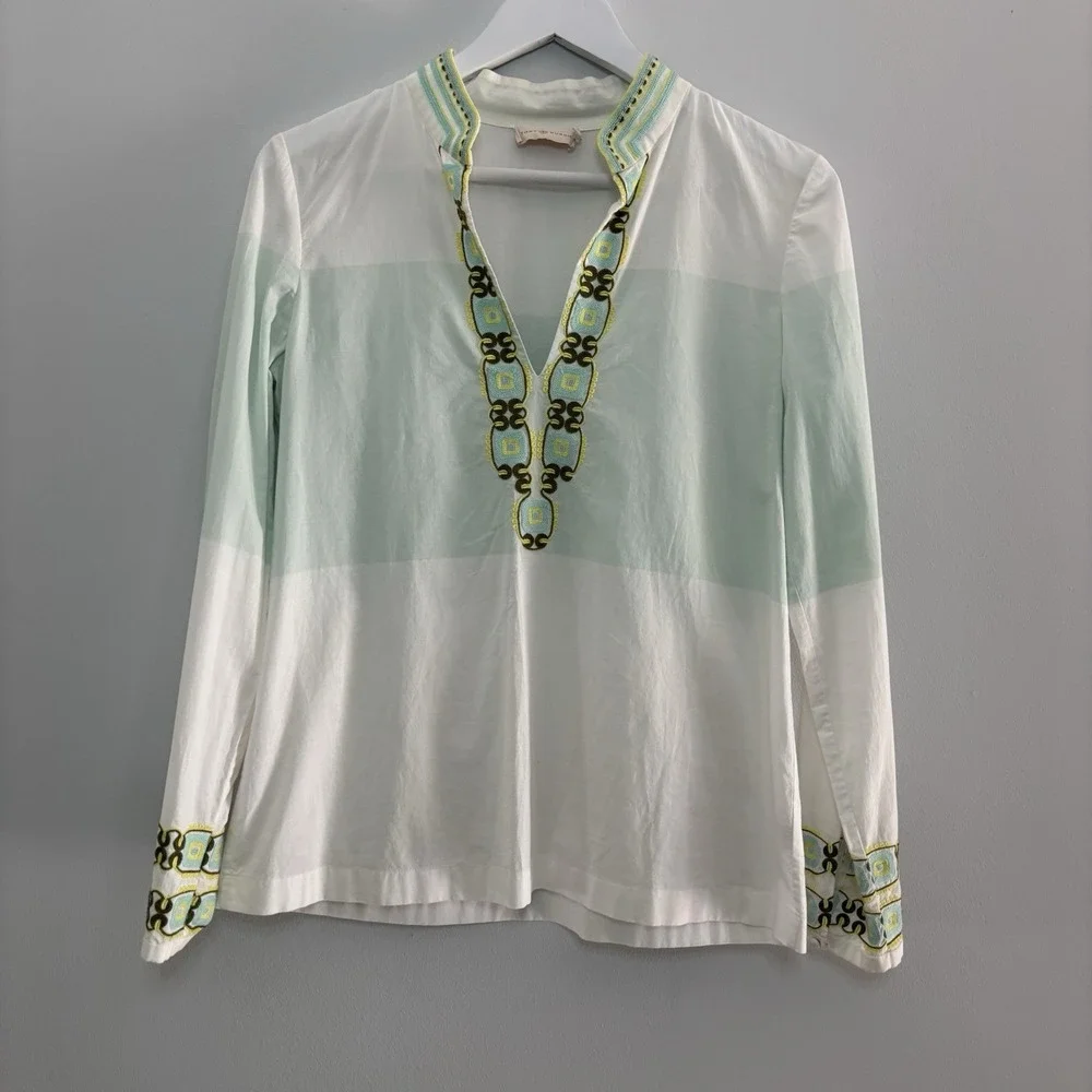 Tory Burch Long Sleeve Embroidered Tunic Isla‎ Collins Stripe Top 2 Cotton Chic